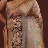 Beige Kanjivaram Tissue Saree With Contrast Dark Brown Border