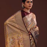Beige Kanjivaram Tissue Saree With Contrast Dark Brown Border