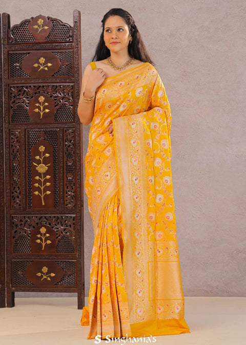 <img> Orange Yellow Banarasi Silk Saree With Meenakari Design