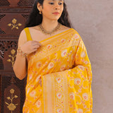 Orange Yellow Banarasi Silk Saree With Meenakari Design