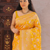 Orange Yellow Banarasi Silk Saree With Meenakari Design