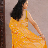 Orange Yellow Banarasi Silk Saree With Meenakari Design