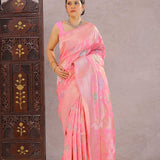 Watermelon Pink Banarasi Silk Saree With Meenakari Design