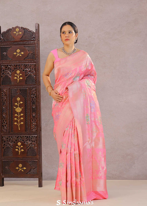 <img> Watermelon Pink Banarasi Silk Saree With Meenakari Design