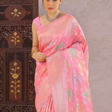 Watermelon Pink Banarasi Silk Saree With Meenakari Design