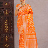 Vibrant Orange Banarasi Silk Saree With Floral Jaal