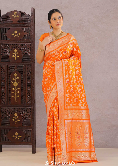 <img> Vibrant Orange Banarasi Silk Saree With Floral Jaal
