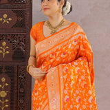 Vibrant Orange Banarasi Silk Saree With Floral Jaal