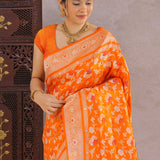 Vibrant Orange Banarasi Silk Saree With Floral Jaal