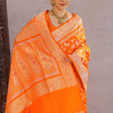 Vibrant Orange Banarasi Silk Saree With Floral Jaal