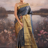 Rhino Tealish Blue Kanjivaram Silk Saree With Checks Pattern
