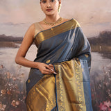 Rhino Tealish Blue Kanjivaram Silk Saree With Checks Pattern