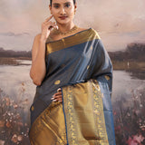 Rhino Tealish Blue Kanjivaram Silk Saree With Checks Pattern