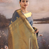 Rhino Tealish Blue Kanjivaram Silk Saree With Checks Pattern