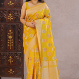 Vibrant Yellow Banarasi Silk Saree With Meenakari Butti'S