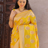 Vibrant Yellow Banarasi Silk Saree With Meenakari Butti'S