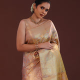 Dark Taupe Kanjivaram Tissue Saree With Floral Design