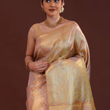 Dark Taupe Kanjivaram Tissue Saree With Floral Design