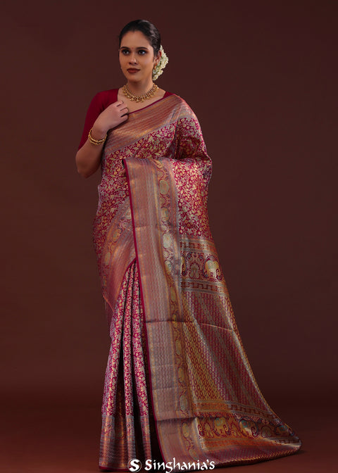 <img> Burgundy Kanjivaram Tissue Saree With Leaf And Floral Jaal