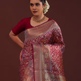 Burgundy Kanjivaram Tissue Saree With Leaf And Floral Jaal