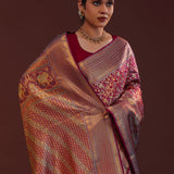 Burgundy Kanjivaram Tissue Saree With Leaf And Floral Jaal