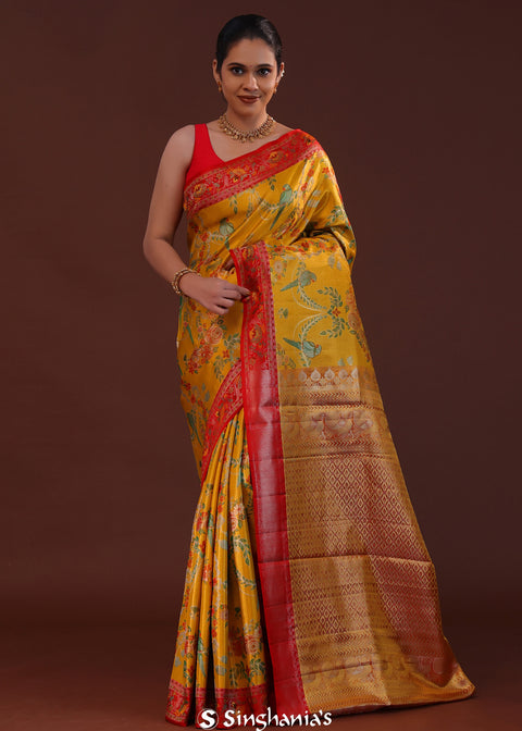 <img> Mustard Yellow Kanjivaram Tissue Saree With Avian Design