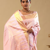 Peach Kanjivaram Silk Saree With Temple Border