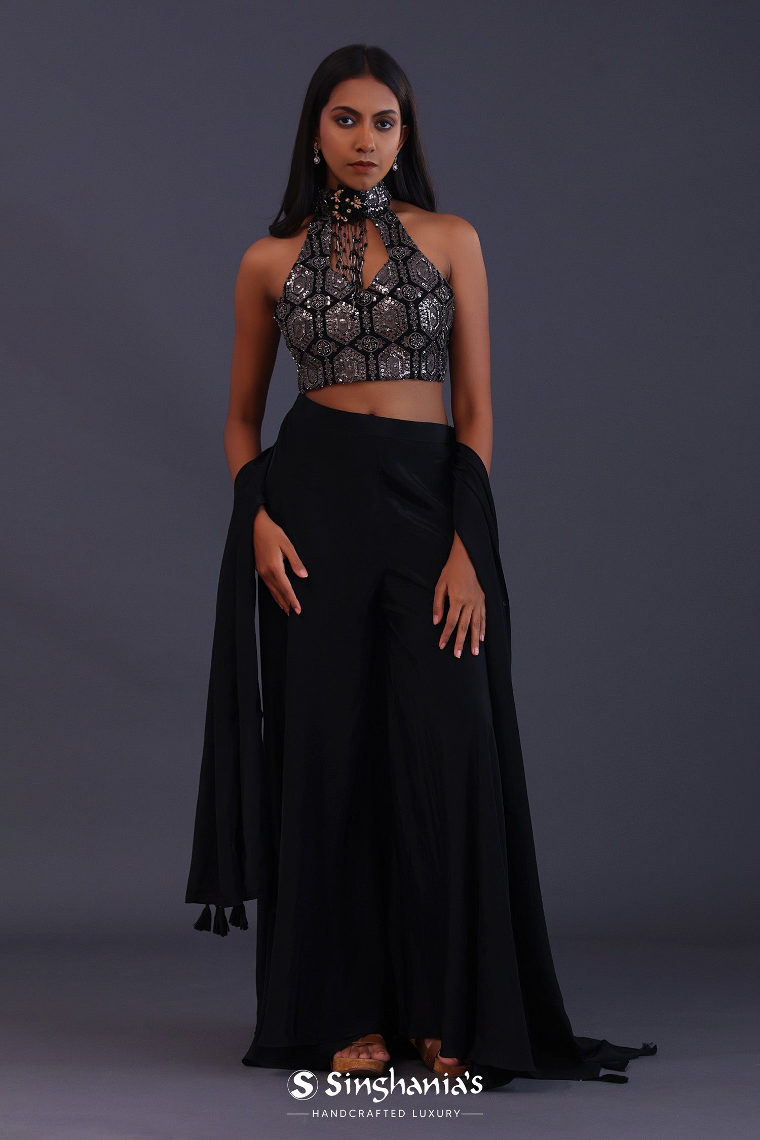 Black Crepe Silk And Georgette Indo Western Choli Set.