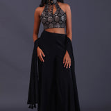 Black Crepe Silk And Georgette Indo Western Choli Set.