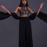 Black Crepe Silk And Georgette Indo Western Choli Set.