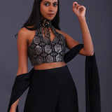 Black Crepe Silk And Georgette Indo Western Choli Set.