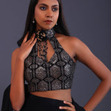 Black Crepe Silk And Georgette Indo Western Choli Set.