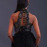 Black Crepe Silk And Georgette Indo Western Choli Set.