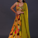 Multicolour Crepe Printed Lehenga Set