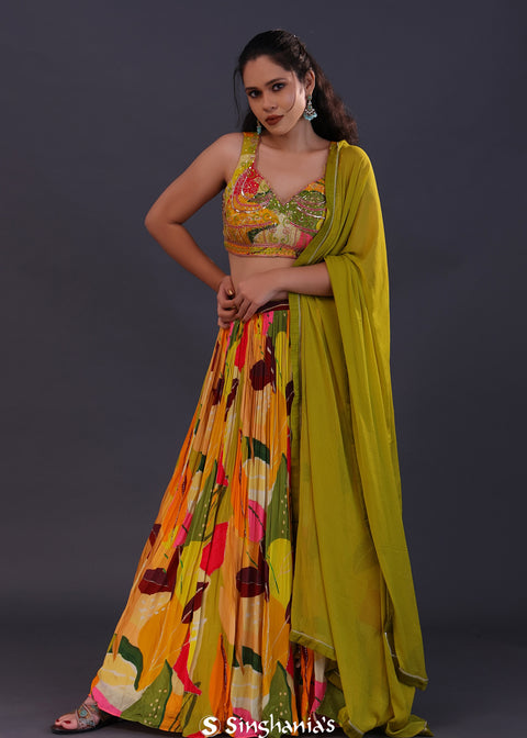 <img> Multicolour Crepe Printed Lehenga Set