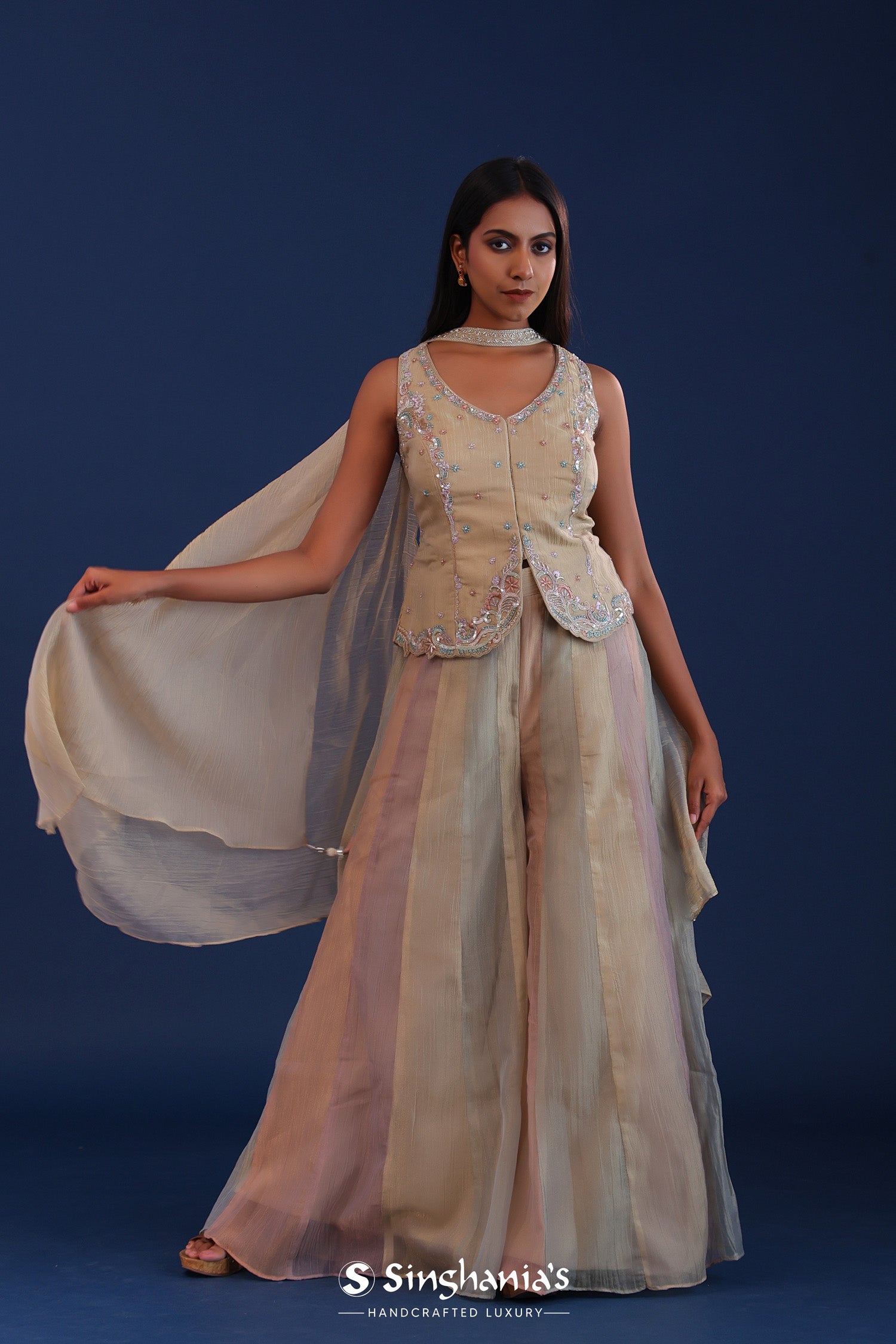 Pastel Beige Organza Crush Indo Western Choli Set