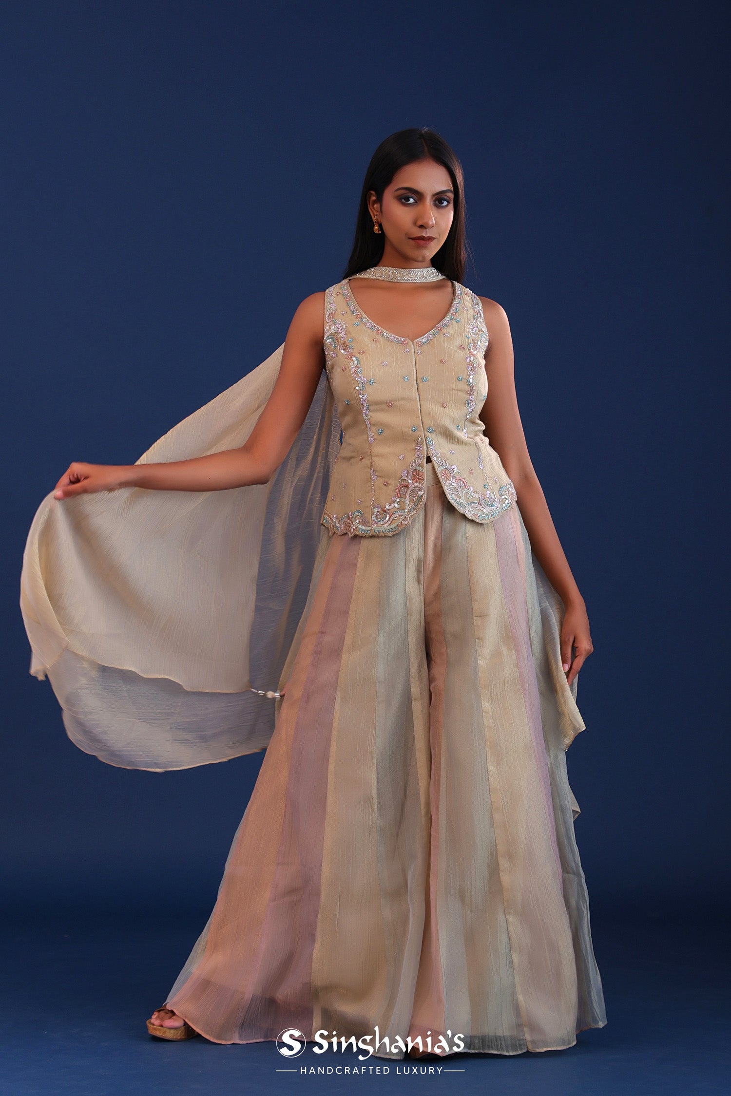 Pastel Beige Organza Crush Indo Western Choli Set