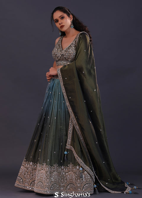 <img> Ombre Green Shimmer Tissue Embroidered Lehenga Set