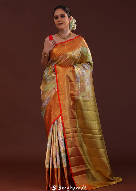<img> Golden Kanjivaram Tissue Saree With Rangkat Pattern