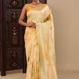 Yellow Banarasi Silk Saree With Meenakari Design