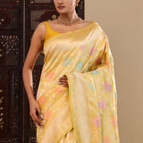Yellow Banarasi Silk Saree With Meenakari Design