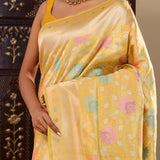 Yellow Banarasi Silk Saree With Meenakari Design