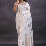 Off-White Banarasi Silk Saree With Floral Zari