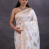 Off-White Banarasi Silk Saree With Floral Zari