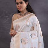 Off-White Banarasi Silk Saree With Floral Zari