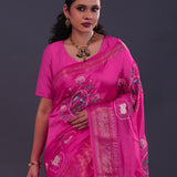 Deep Pink Soft Chanderi Silk Saree With Embroidery Work