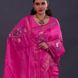 Deep Pink Soft Chanderi Silk Saree With Embroidery Work