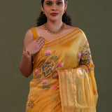 Tiger Orange Soft Chanderi Silk Saree With Embroidery Work