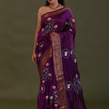 Very Dark Violet Soft Chanderi Silk Saree With Embroidery Work