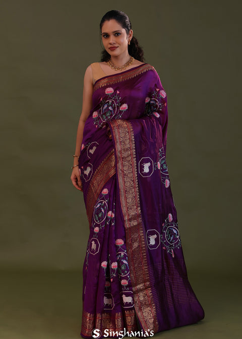 <img> Very Dark Violet Soft Chanderi Silk Saree With Embroidery Work